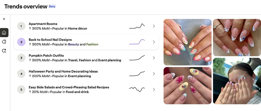 Trends overview dashboard highlights home décor, nail designs, pumpkin patches and Halloween ideas beside colourful manicure photos.