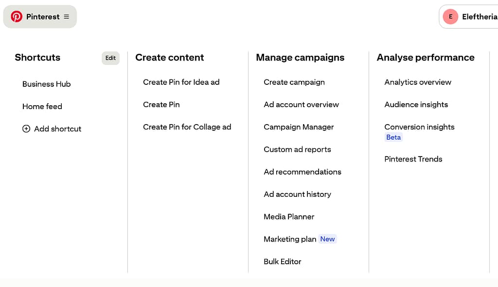 Pinterest business dashboard menu with shortcuts, content creation, campaign management, analytics, audience insights, trends, and profile.